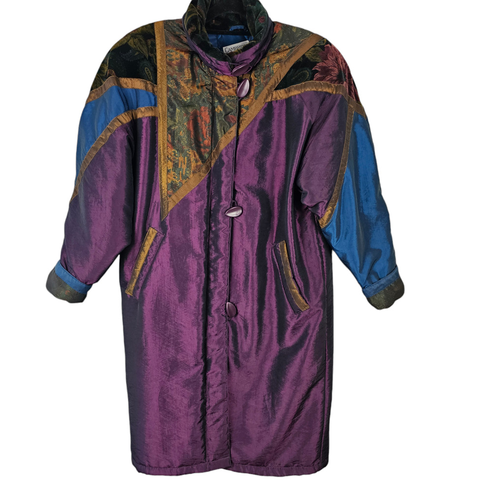 Vintage 1980s oversized puffy coat purple iridescent blue bronze velvet Medium